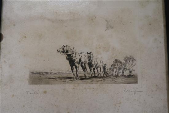 David Young Cameron and William Strang, six etchings, some framed